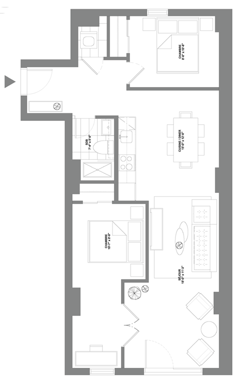 Floor plan for 2 beds, 1 bath, 845 sqft